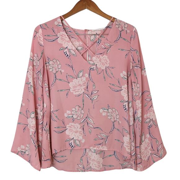 LUSH Pink Floral Crossover Chiffon Blouse Size Small - Picture 1 of 8
